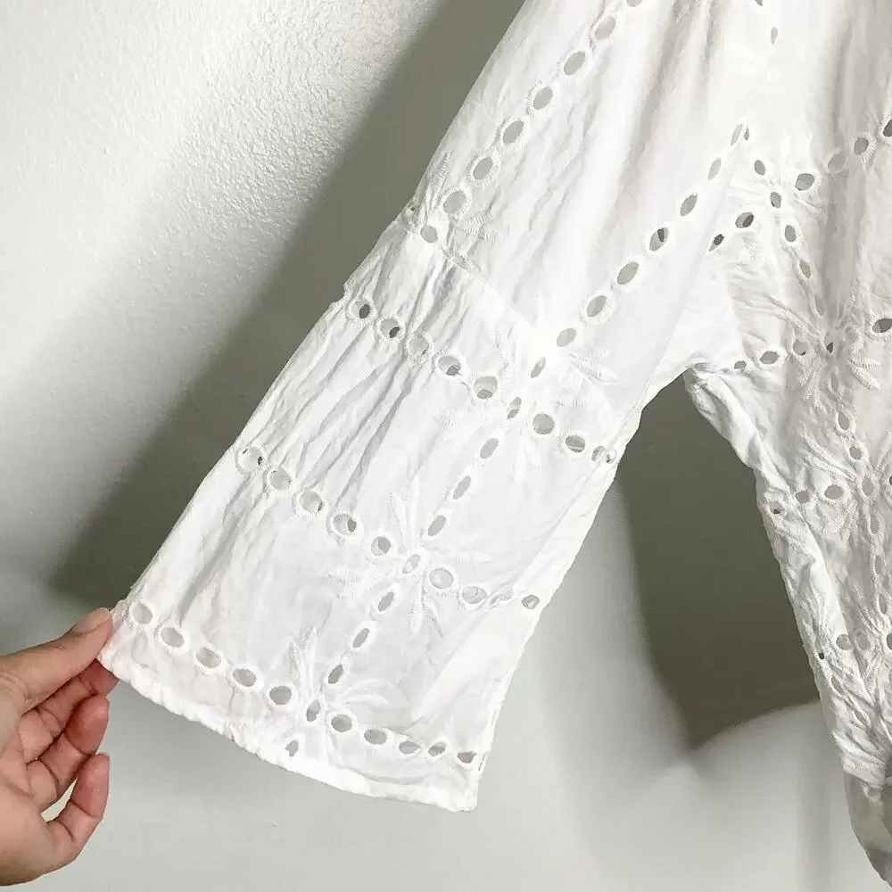Liverpool White Eyelet Dolman Popover Blouse Top 3/4 Sleeves Scoop Neck Large - Picture 4 of 9